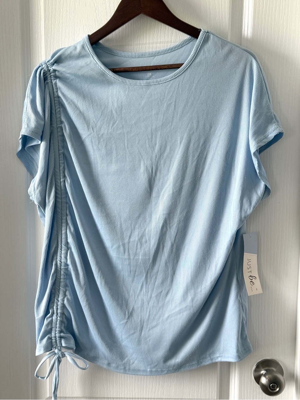 Just Be Light Blue Side-Tie Ribbed Short Sleeve Top Size 2X